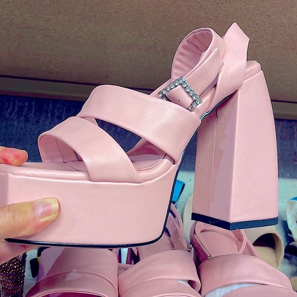 NWT blush pink Barbie baby crystal square buckle open square toe platforms 8 /39 - Picture 1 of 10